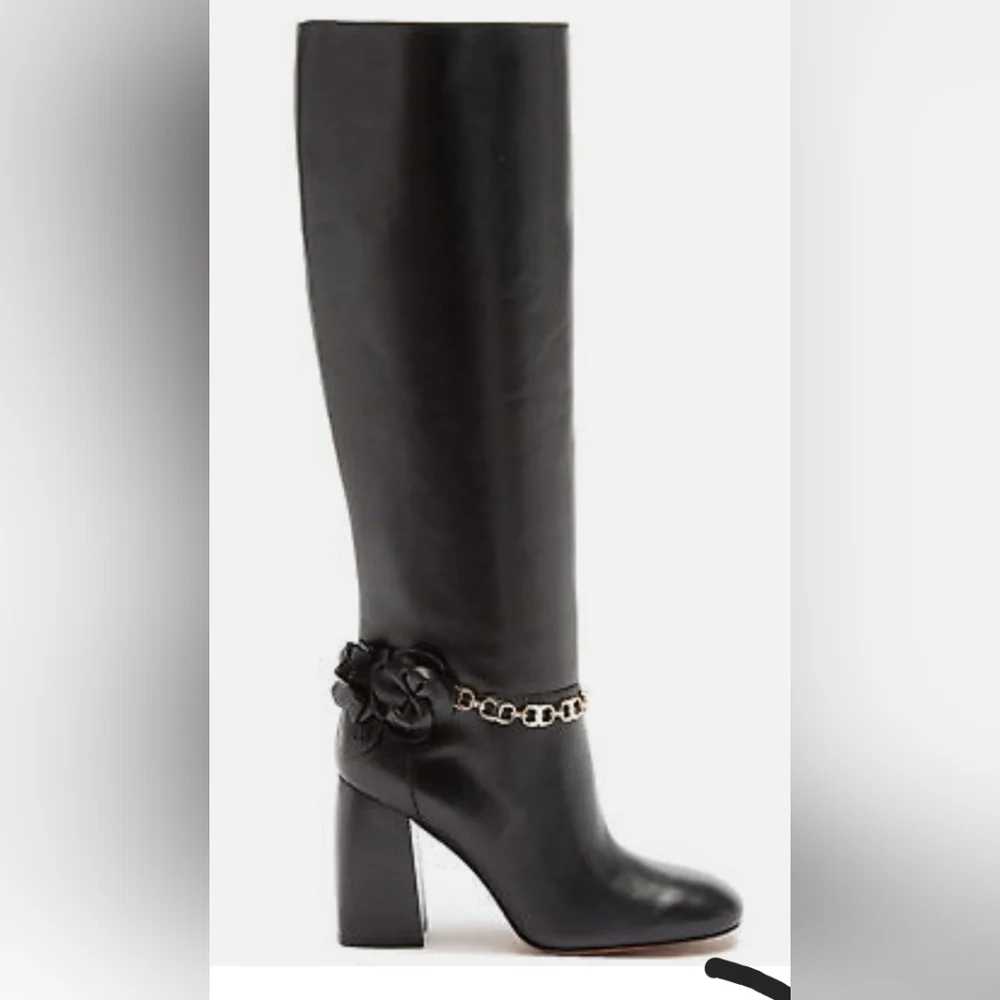 Tory Burch Black Blossom Block Heel Boots Tall Knee High Shoes - Picture 6 of 10